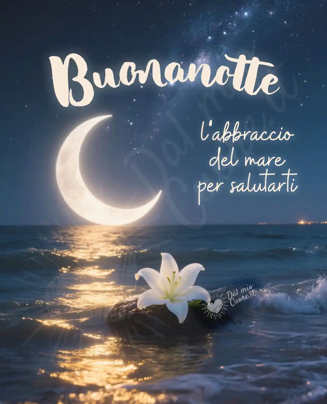 Immagine buonanotte con luna sul mare e fiori