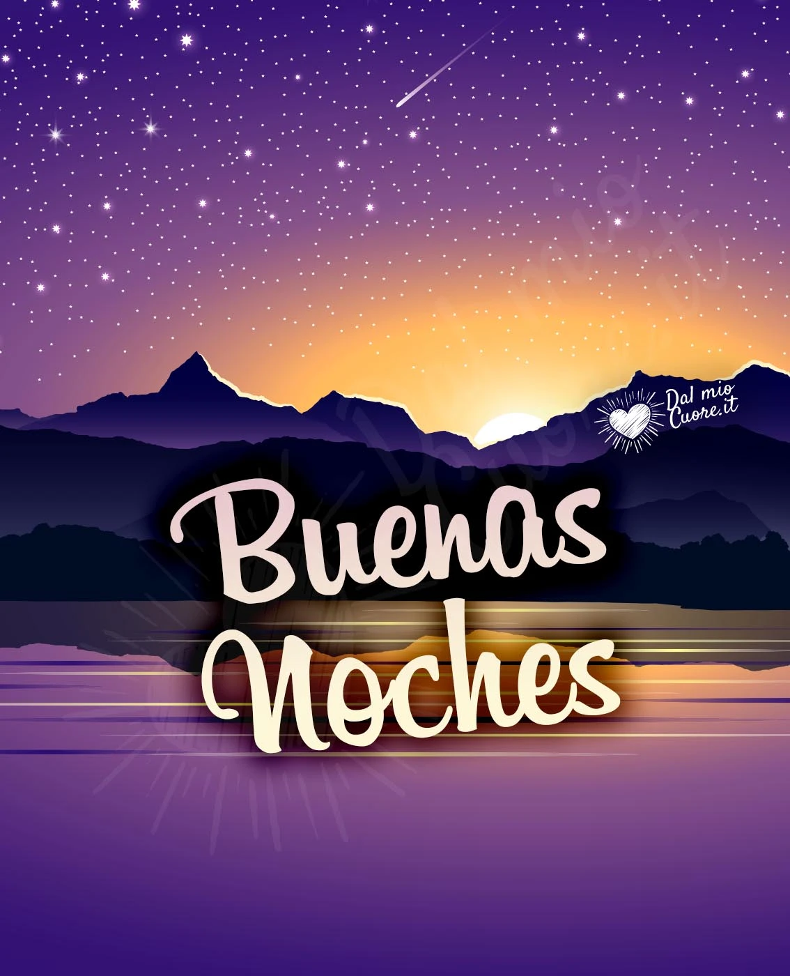 Buenas Noches con un paisaje montañoso y un cielo estrellado