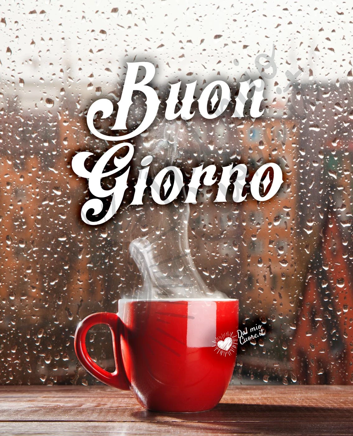 Buongiorno piovoso con tazzina di caffè