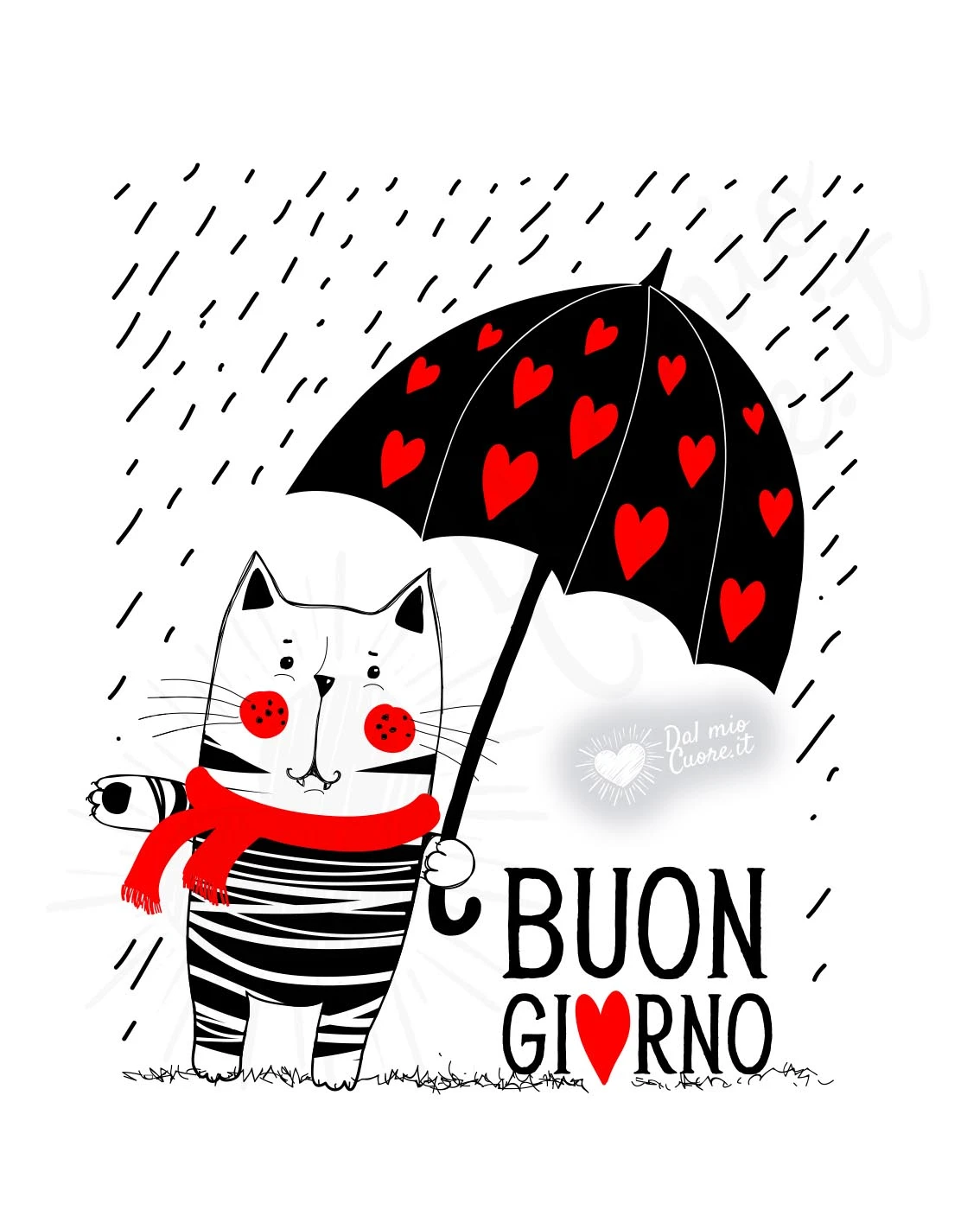 Buon giorno con gattino innamorato sotto la pioggia