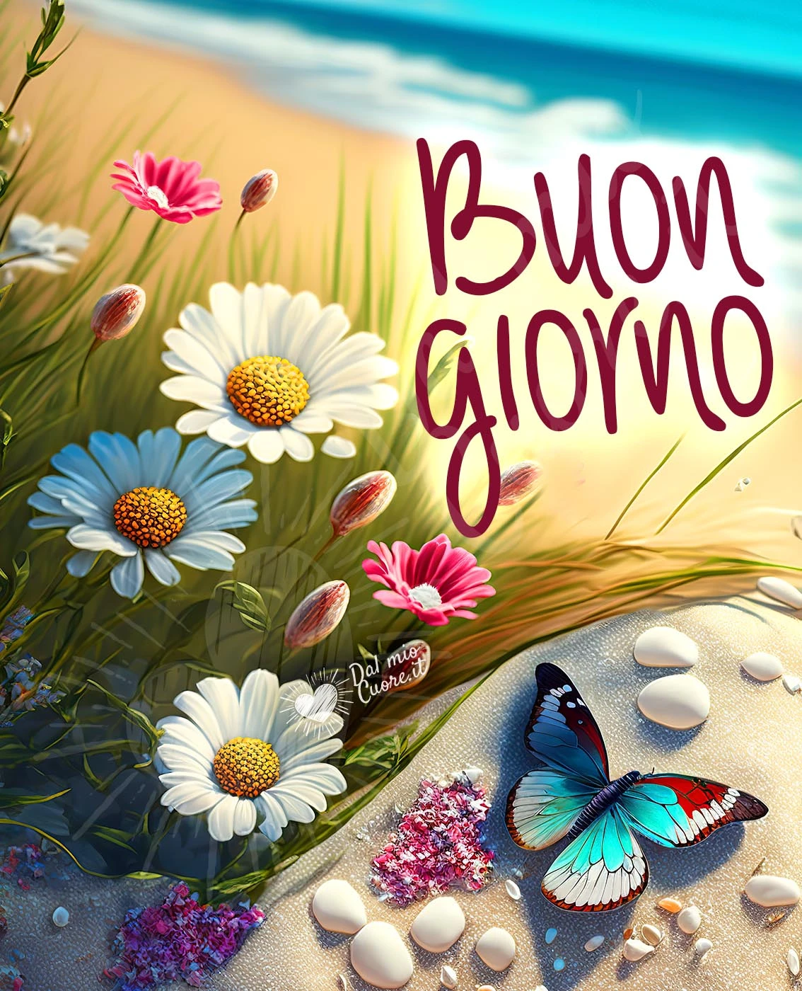 Immagine buon giorno primaverile con fiori sul mare