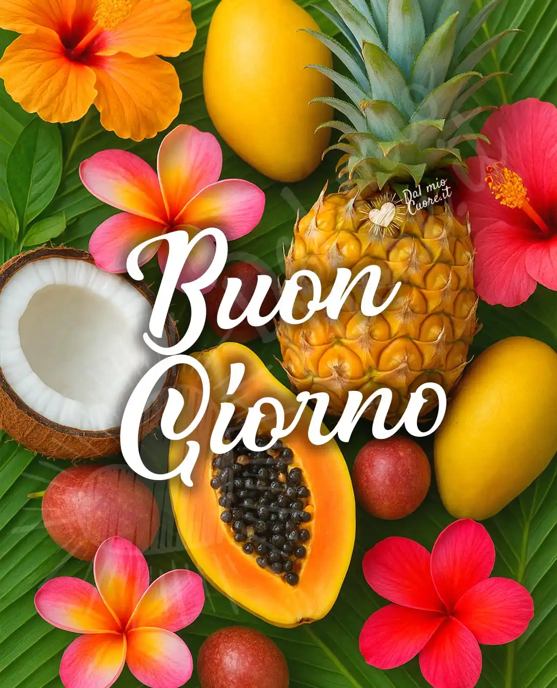 Buon giorno estivo, con frutti e fiori tropicali