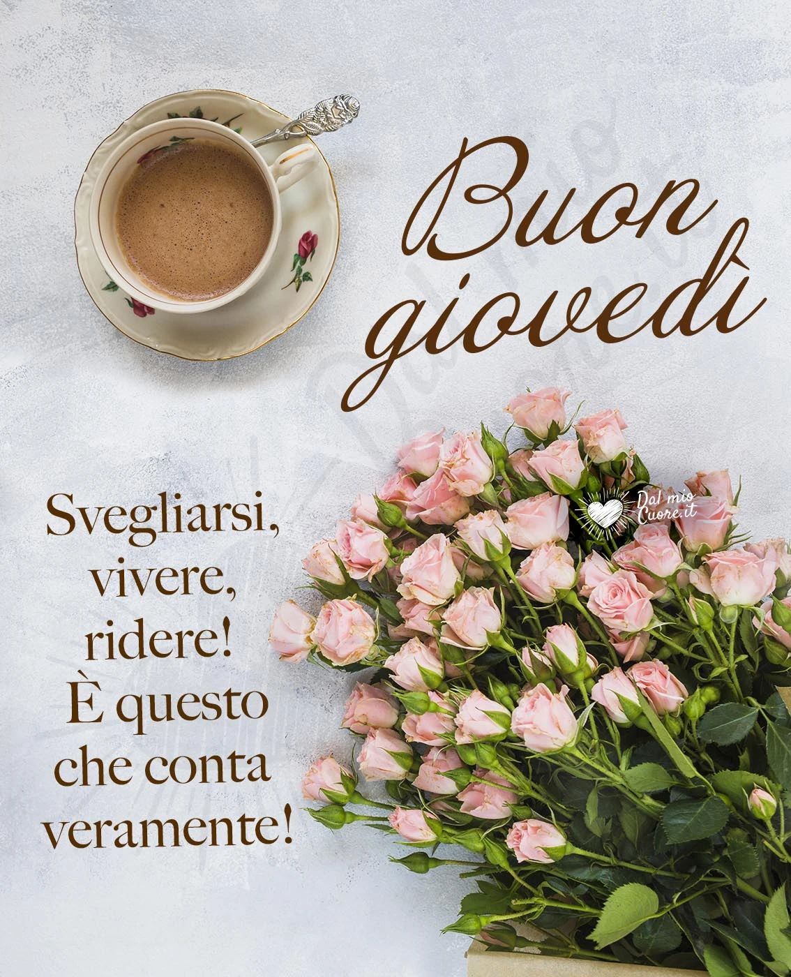 Buon giovedì con caffè, rose e frase
