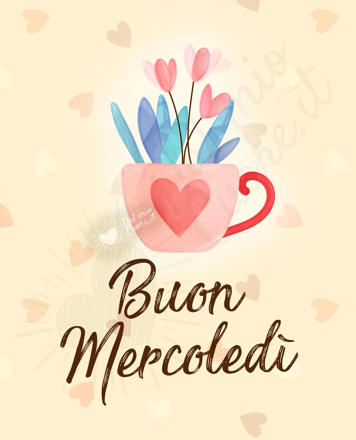 Buon mercoledì con tazzina di caffè e fiori
