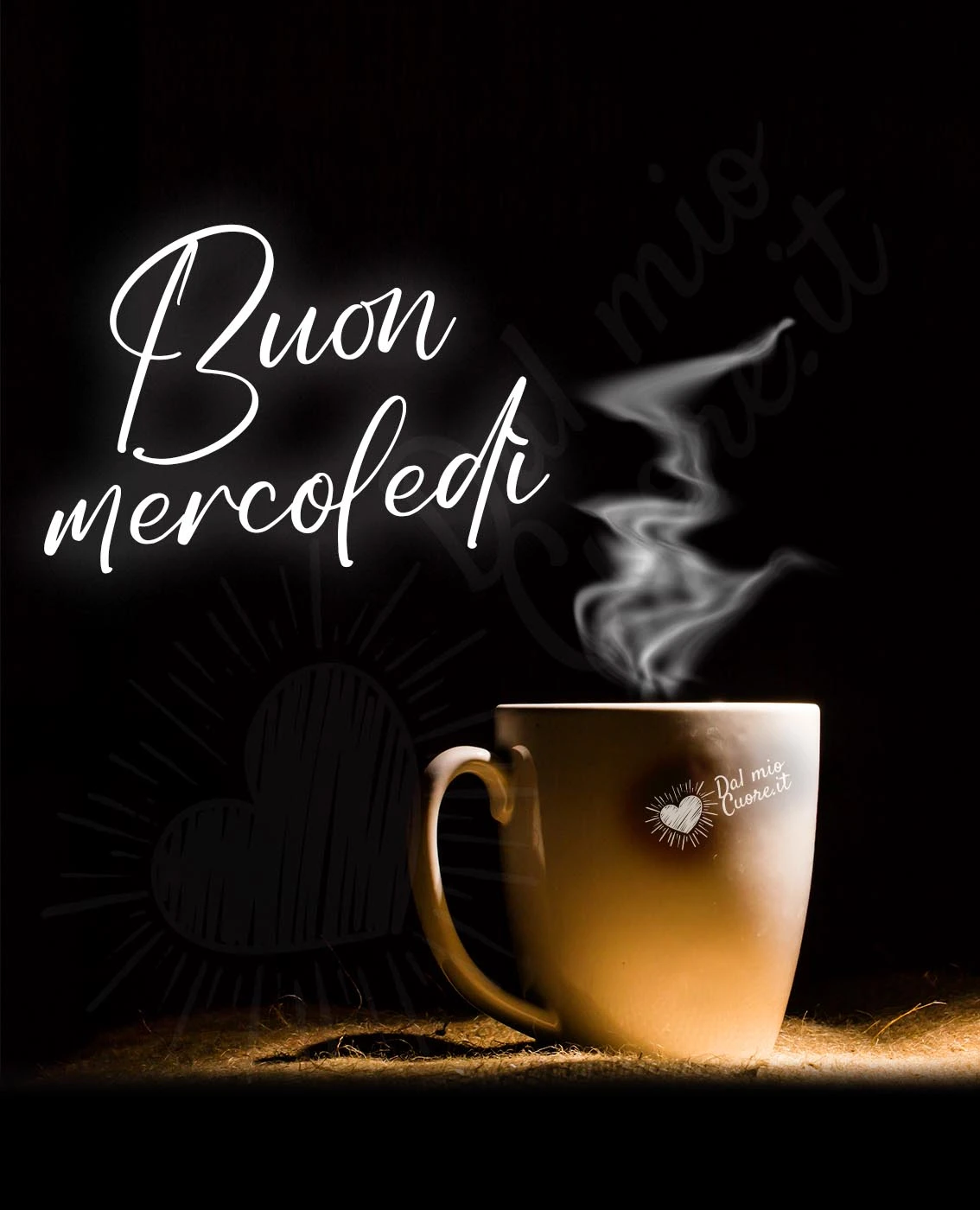 Buon mercoledì con tazzina di caffè fumante