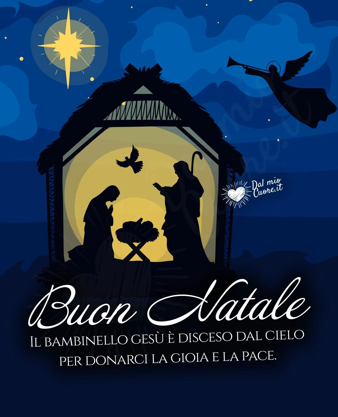 Buon Natale (Natività e Frase). Il bambinello Gesù è disceso dal cielo per donarci la gioia e la pace