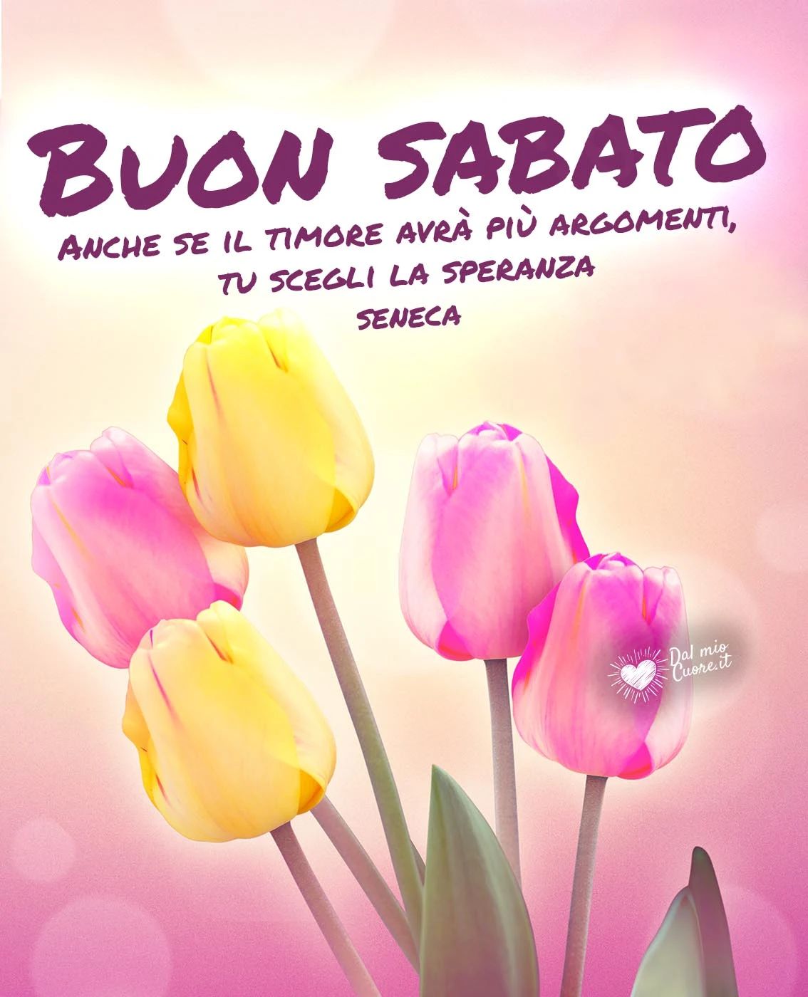 Buon sabato, frase sulla speranza con immagine di tulipani