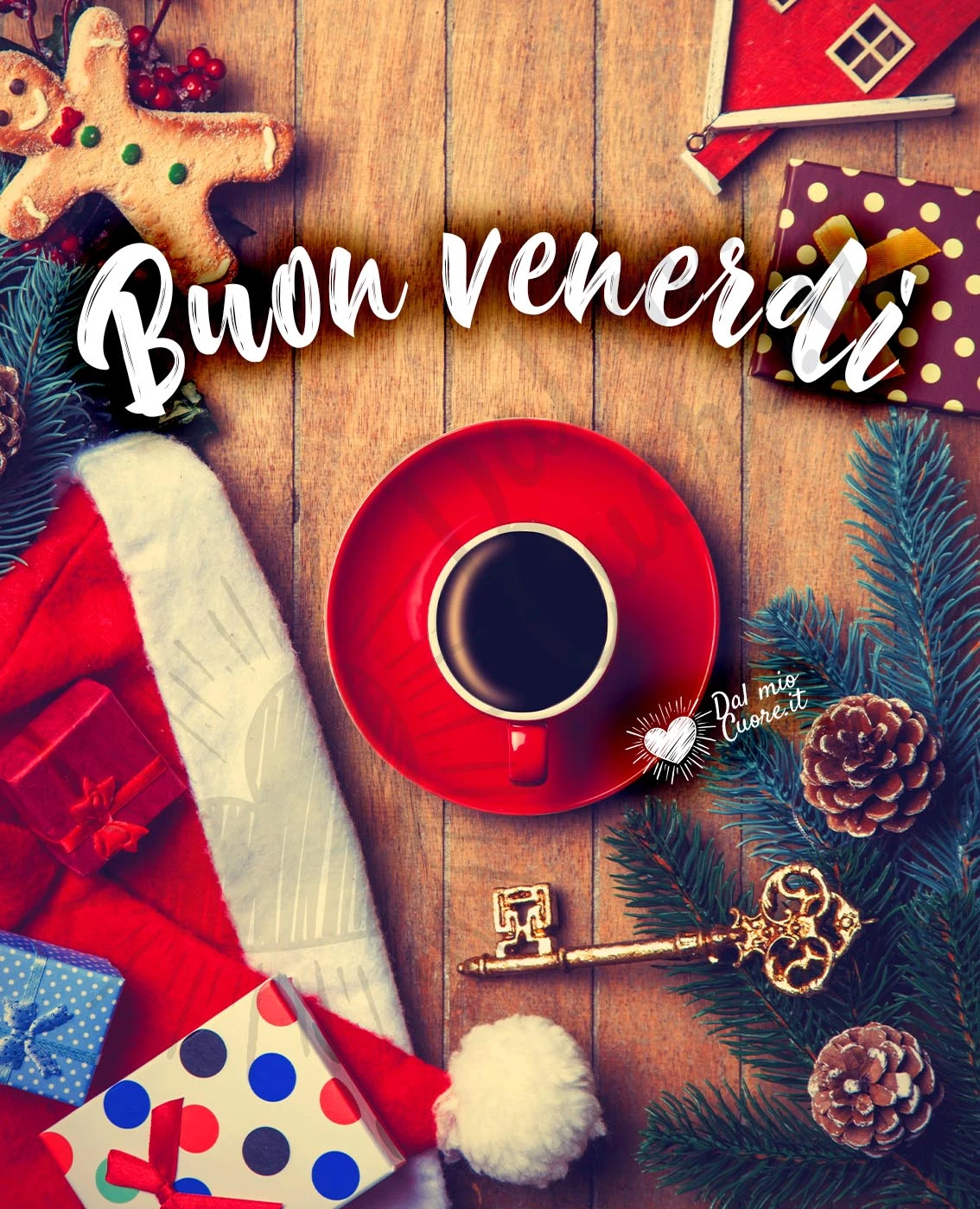 Immagine Buon venerdì natalizia con un caffè tra le strenne Immagine Buon venerdì natalizia con un caffè tra le strenne