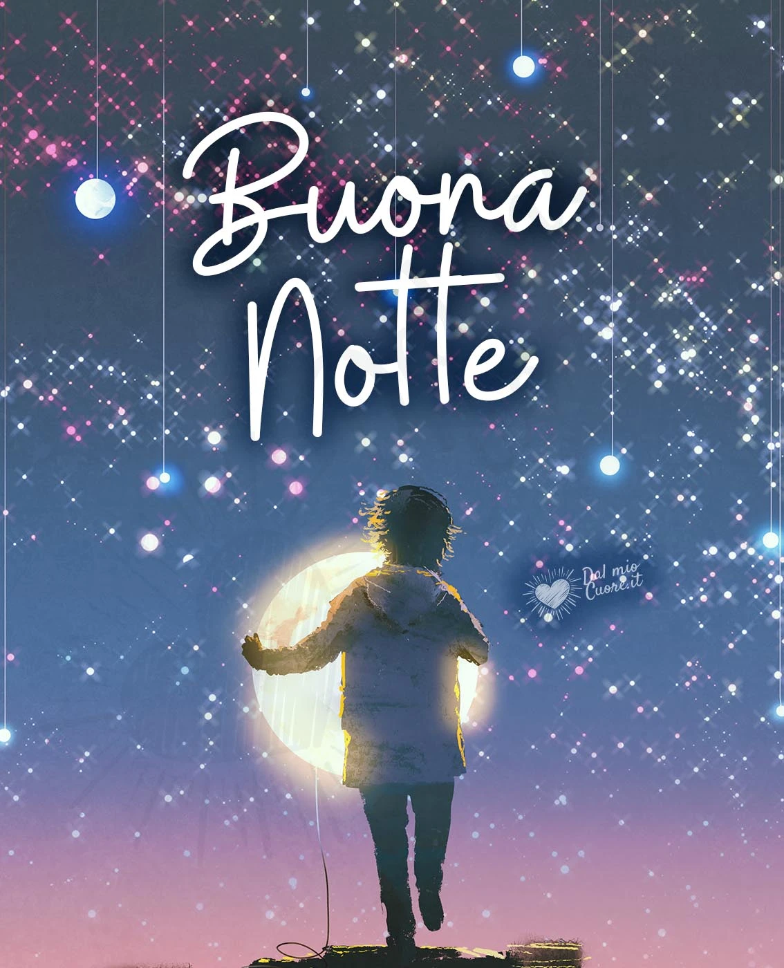 Buona notte con bimbo con la luna tra le mani
