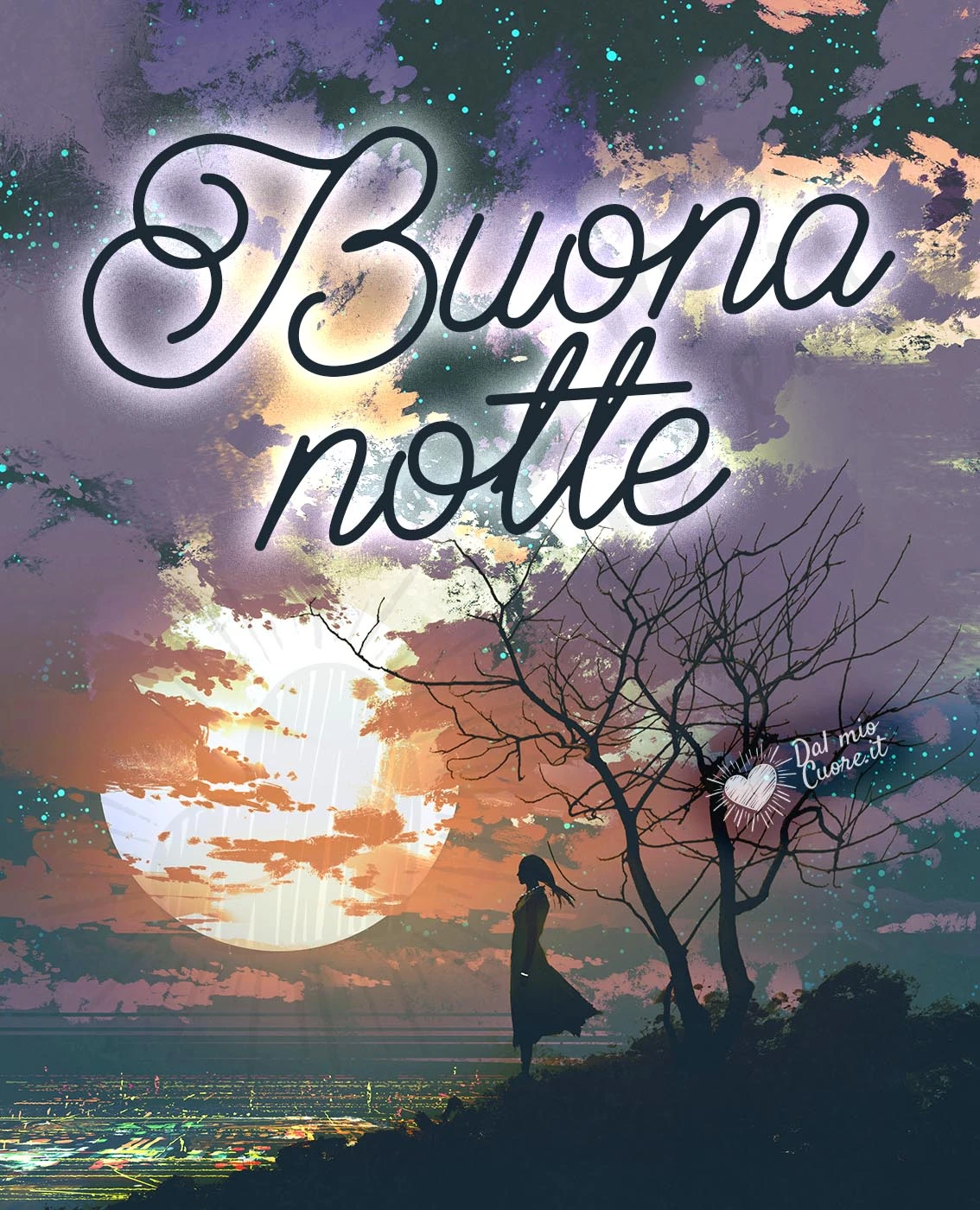Buonanotte con luna e donna che osserva l'orizzonte