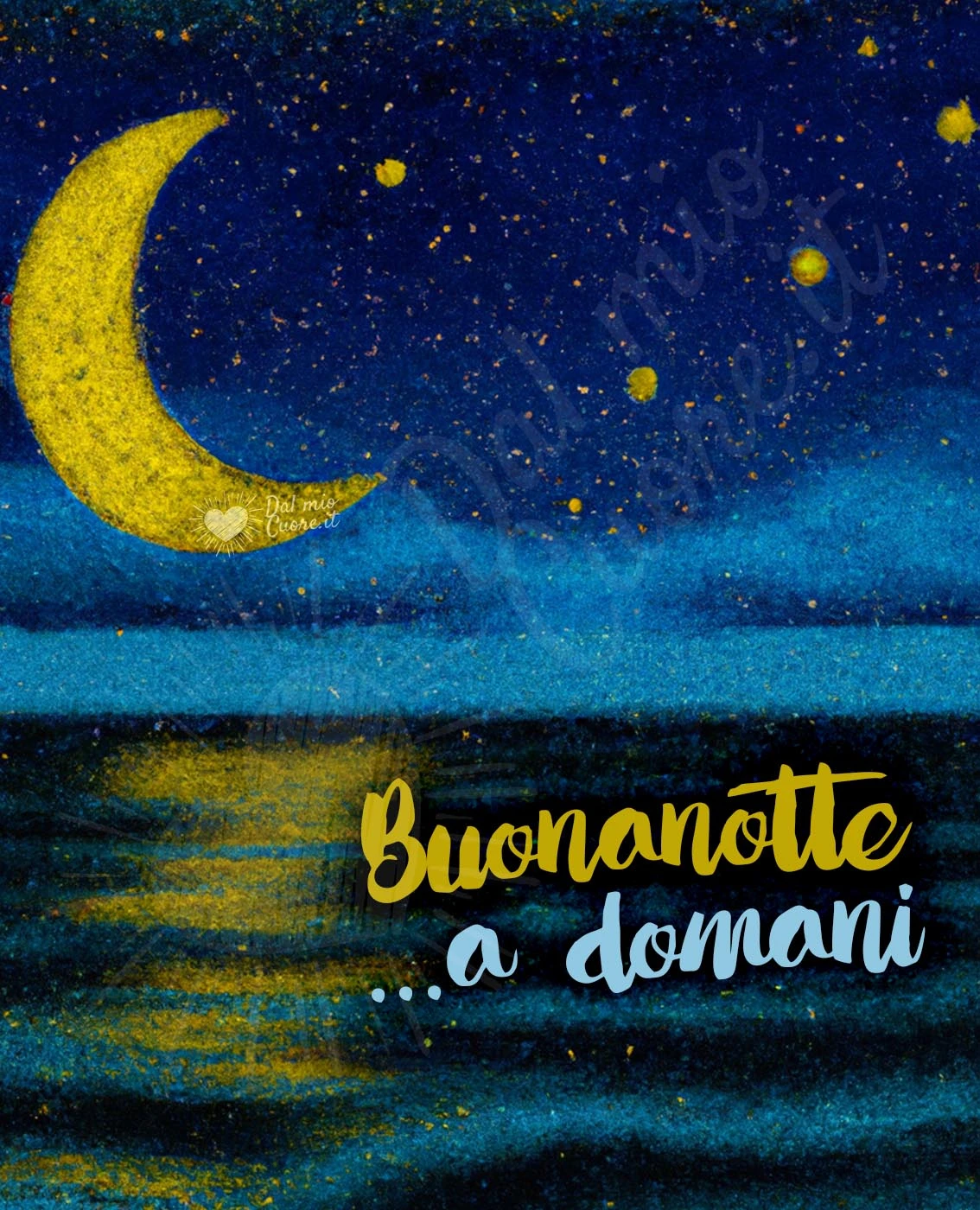 Buonanotte a domani, con luna crescente che riflette sul mare