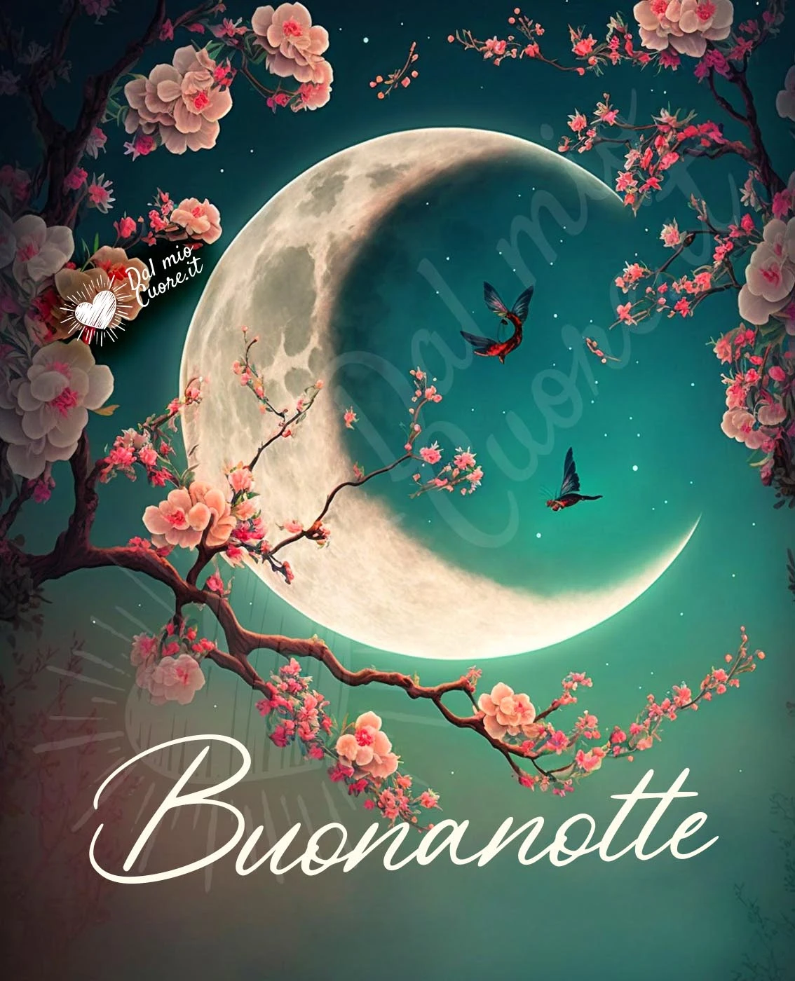 Buonanotte con luna e fiori rosa