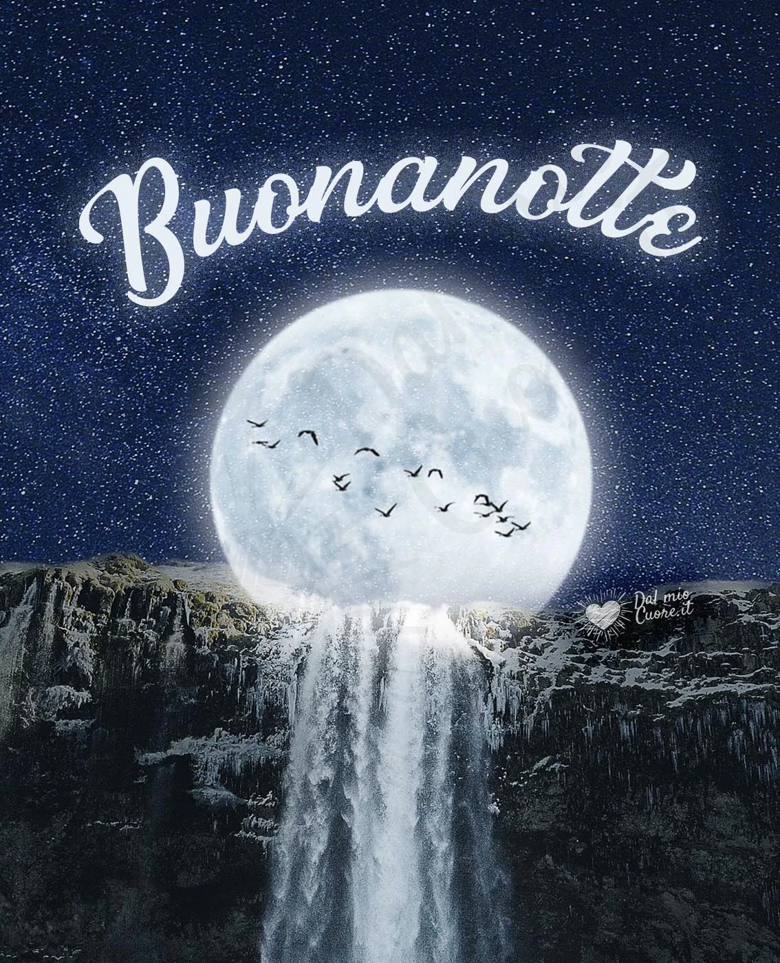 Imm Buonanotte con luna piena su cascata