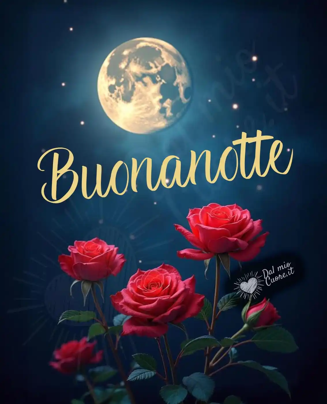 Immagine buonanotte con luna e rose rosse