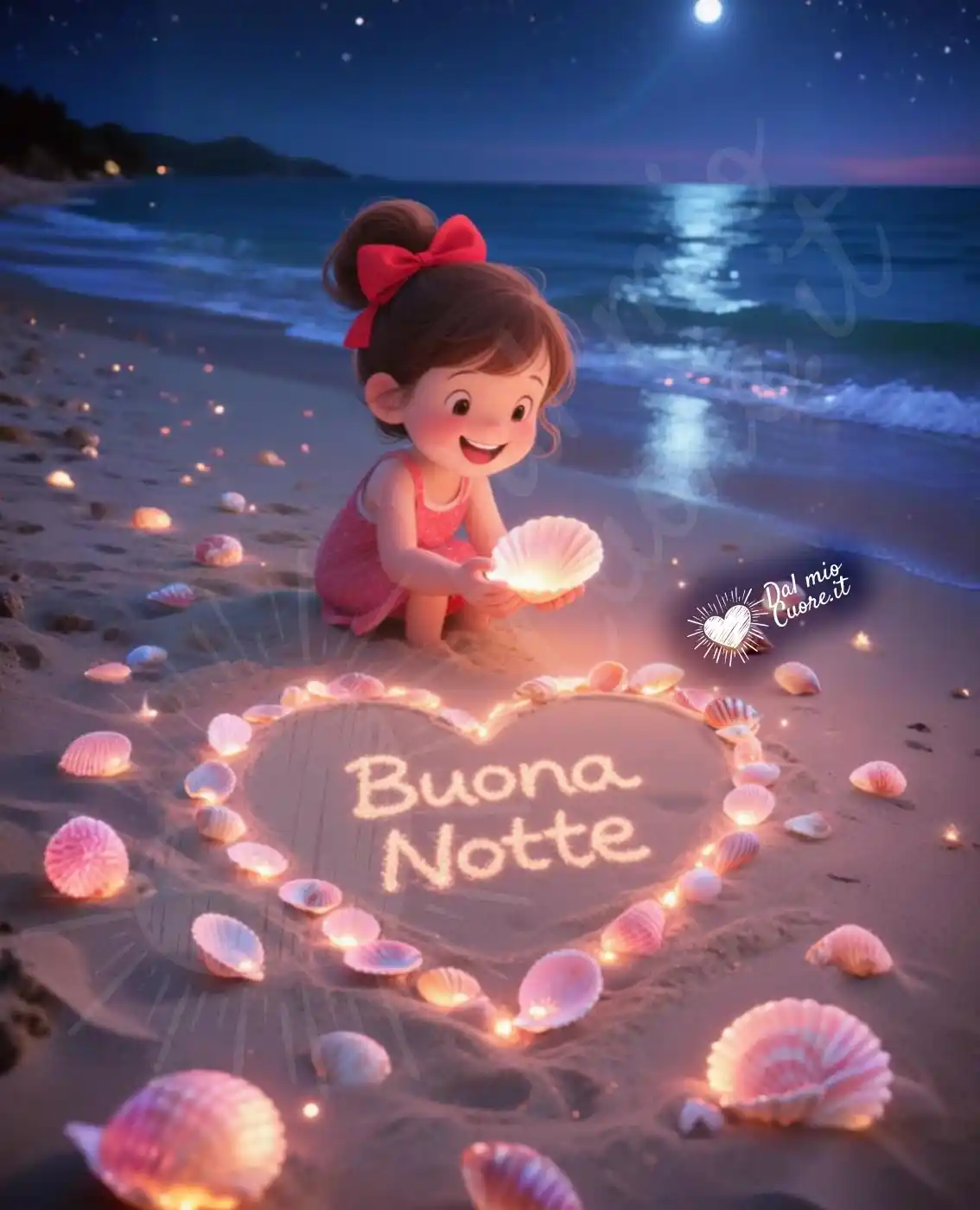 Buonanotte con un cuore sulla sabbia