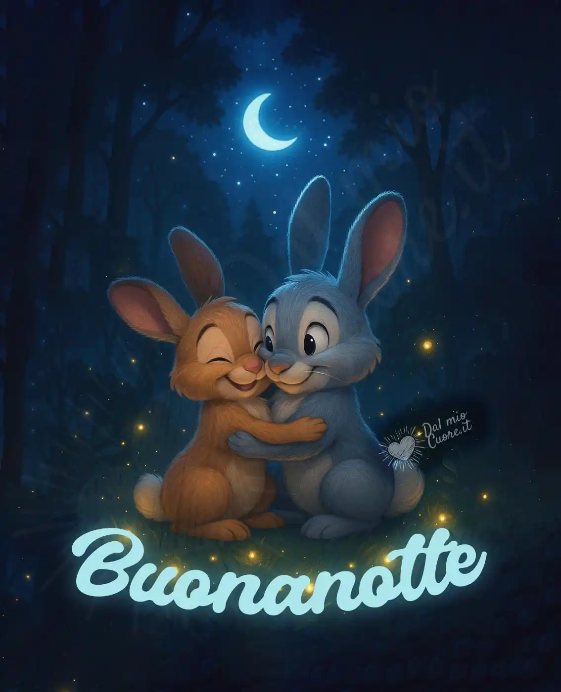 Buonanotte con coniglietti abbracciati sotto le stelle Buonanotte con coniglietti abbracciati sotto le stelle