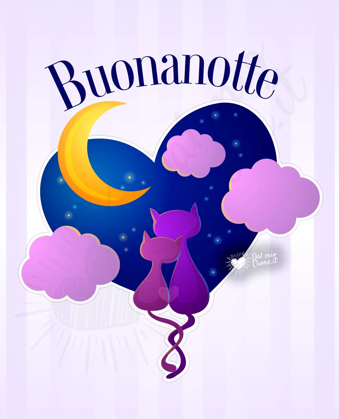 Buonanotte con gattini abbracciati, luna e cuore