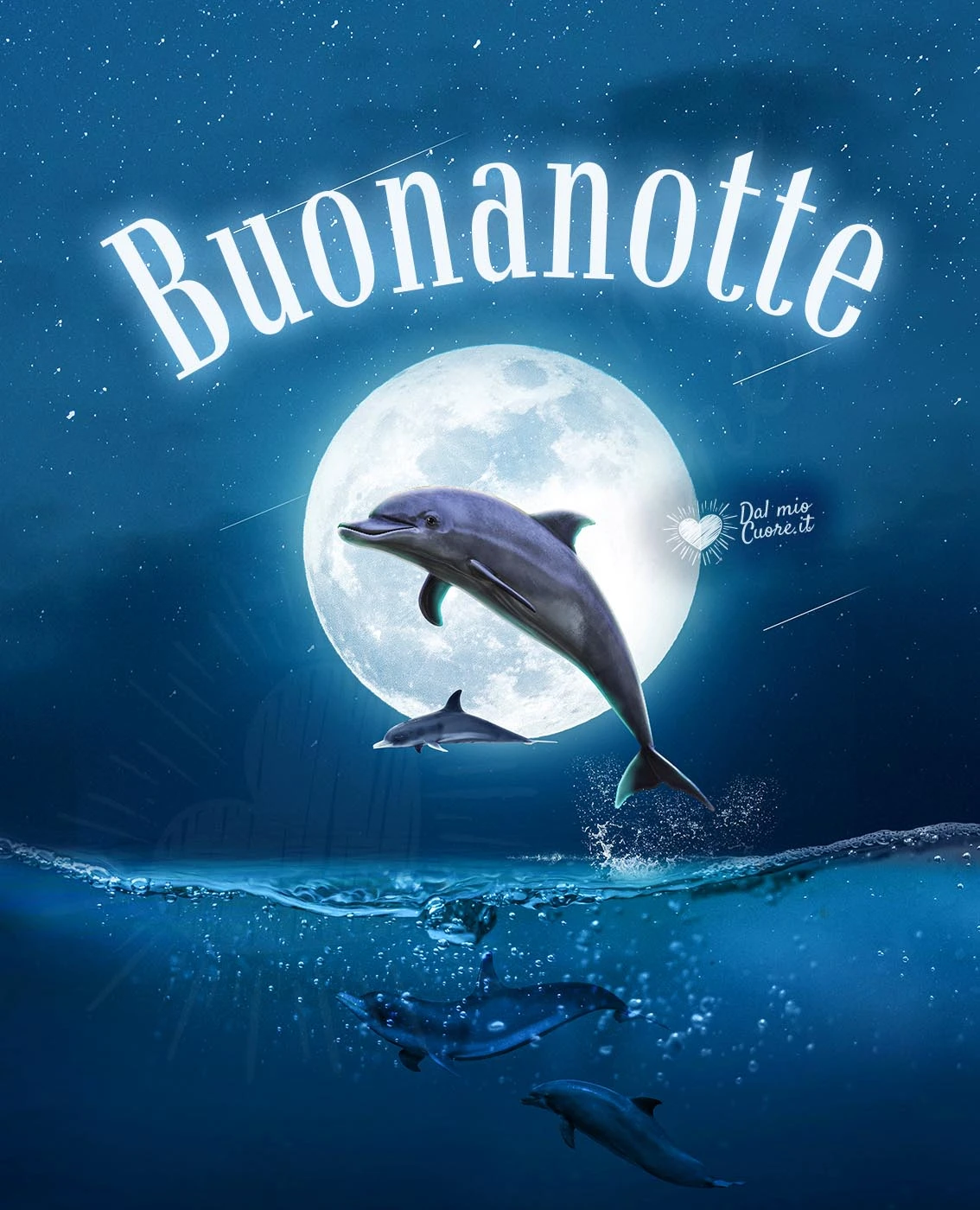 Buonanotte con delfini che saltano davanti a una luna piena