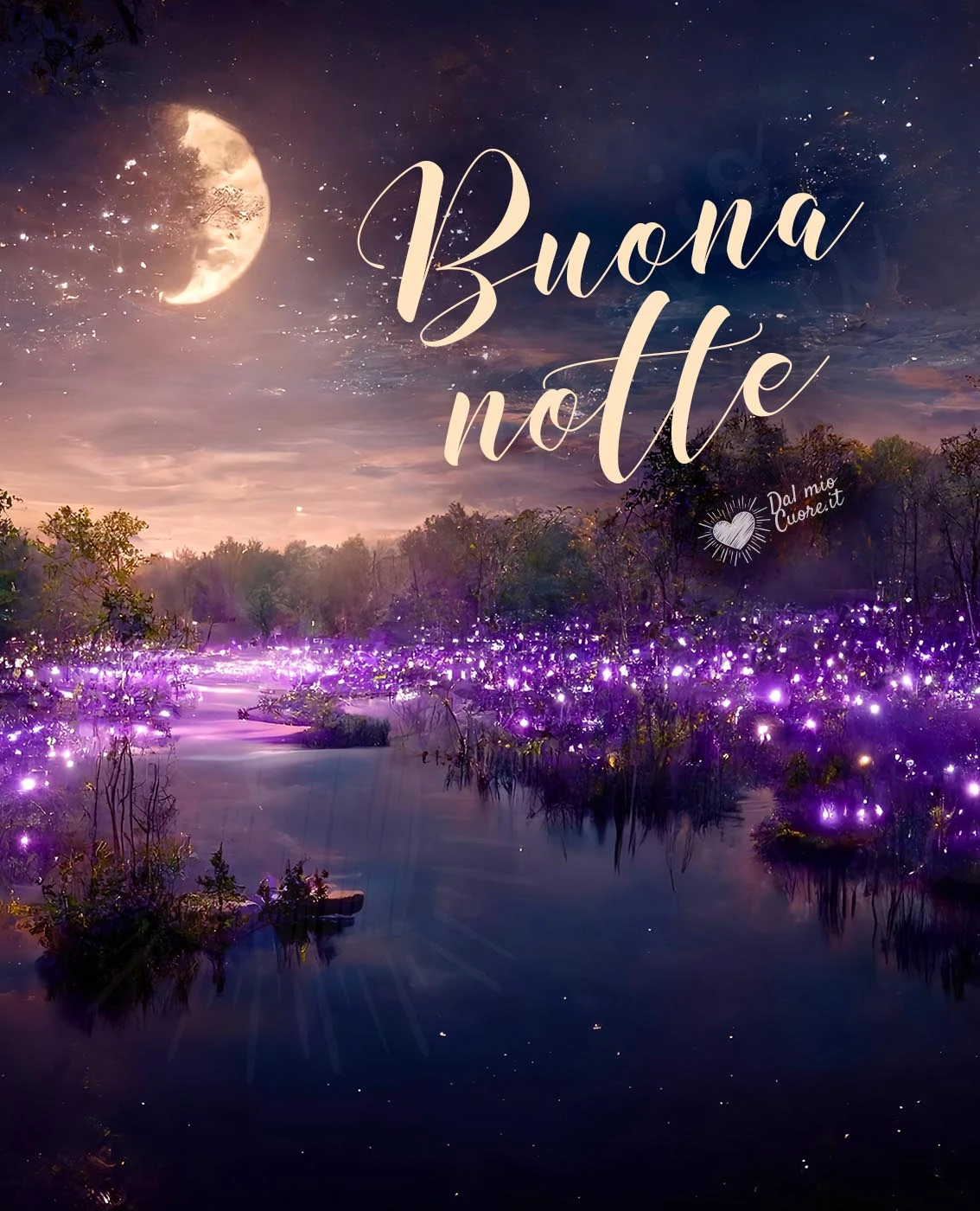 Buona notte con fiume magico e luna