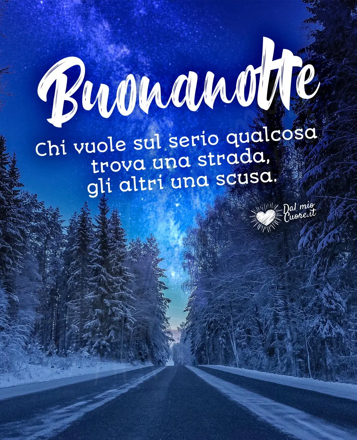 Buonanotte invernale con frase: Chi vuole sul serio qualcosa trova una strada, gli altri una scusa.
