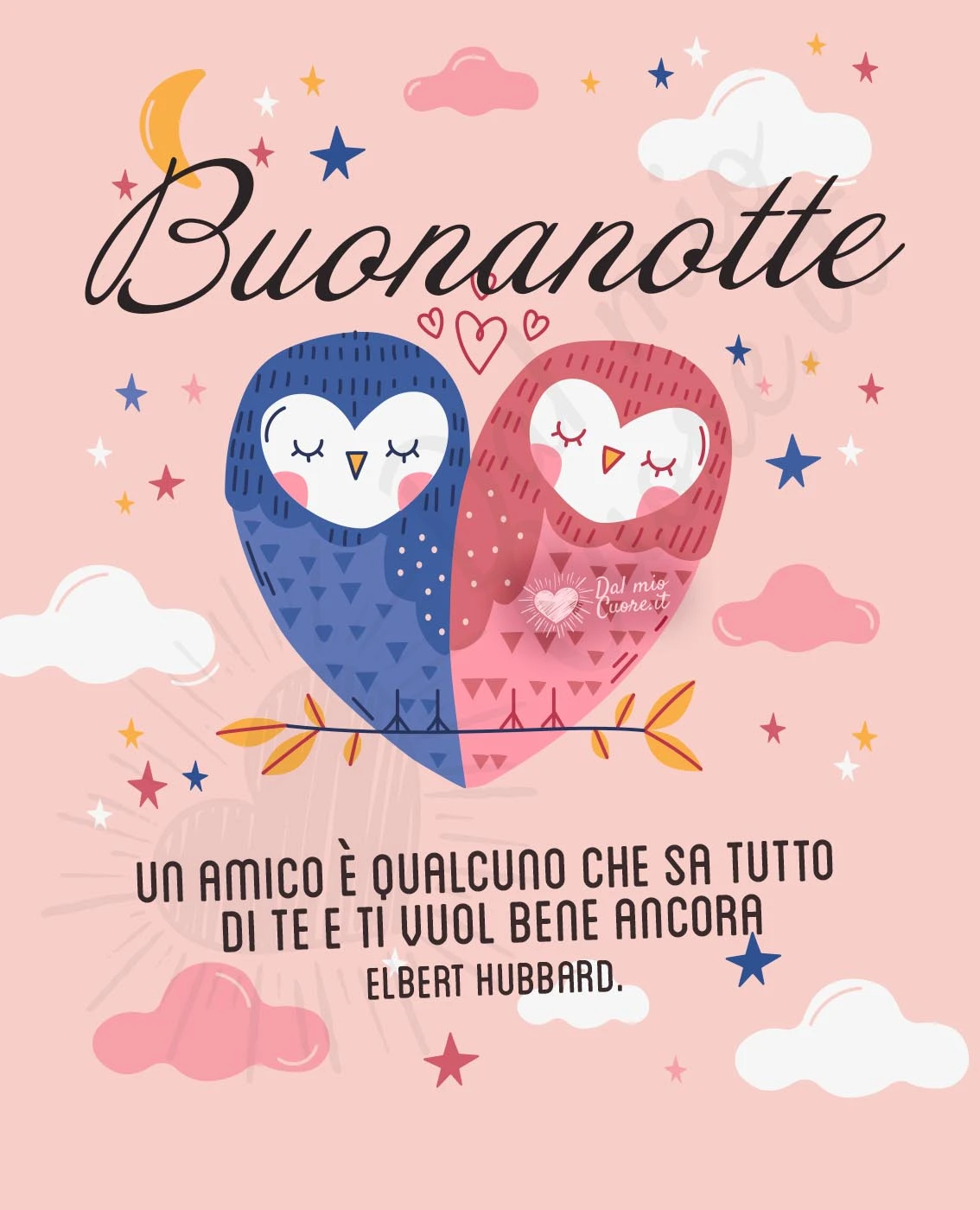 Buonanotte con gufi e frase sull'amicizia