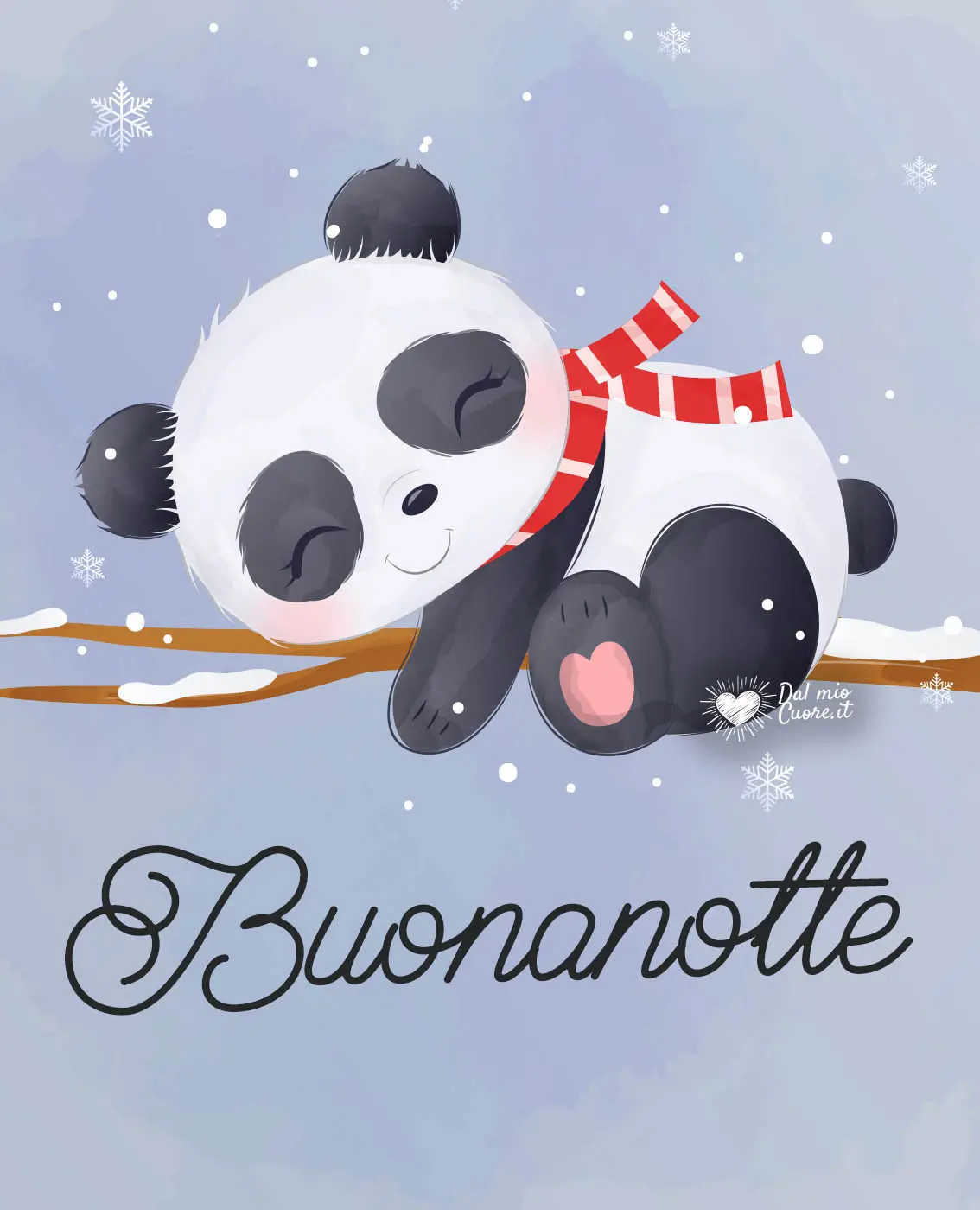 Buonanotte invernale con un tenero panda sotto la neve