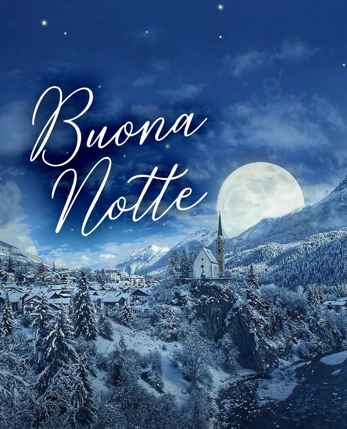 Buona Notte invernale con paesaggio innevato