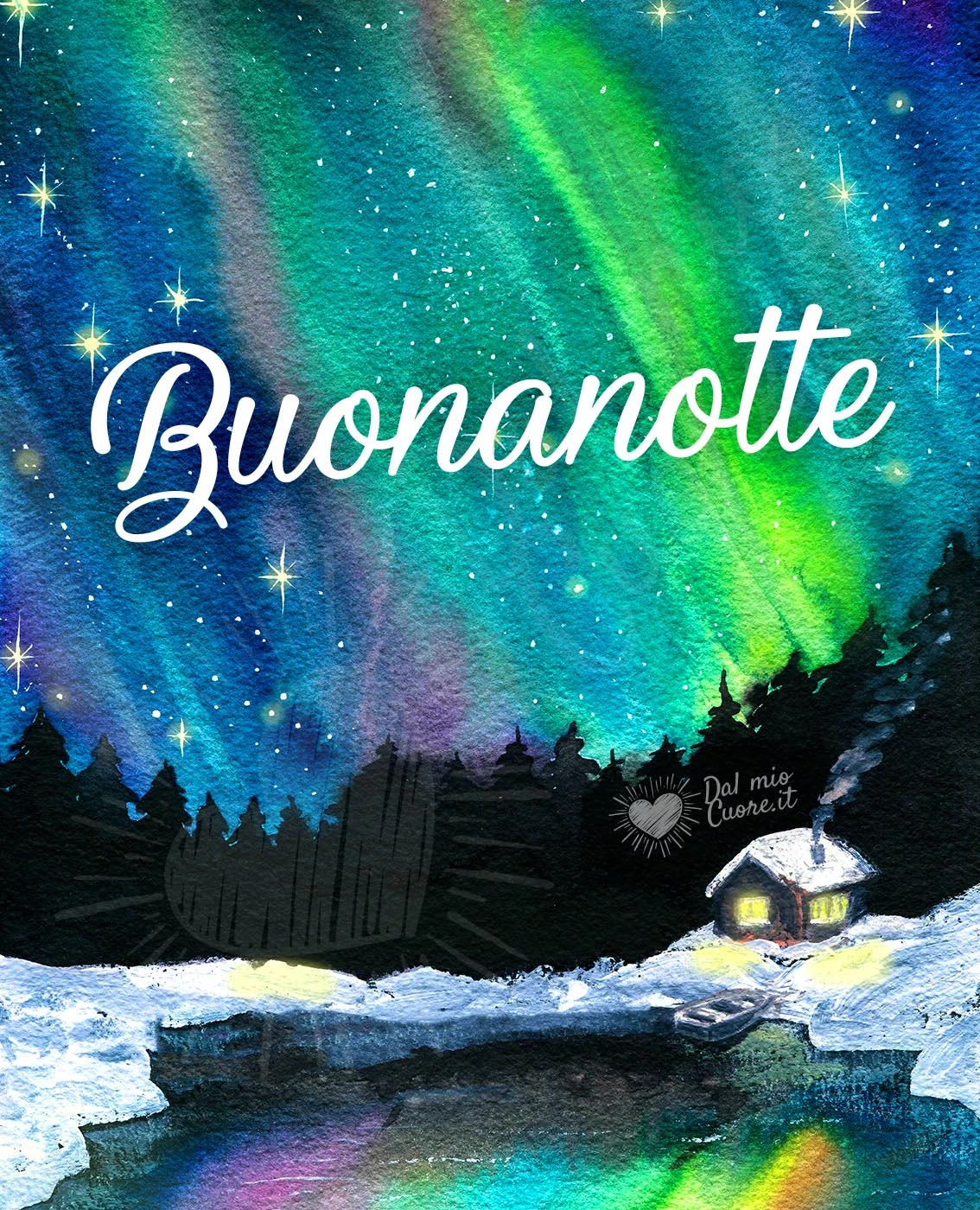 Buonanotte invernale con aurora boreale e neve Buonanotte invernale con aurora boreale e neve
