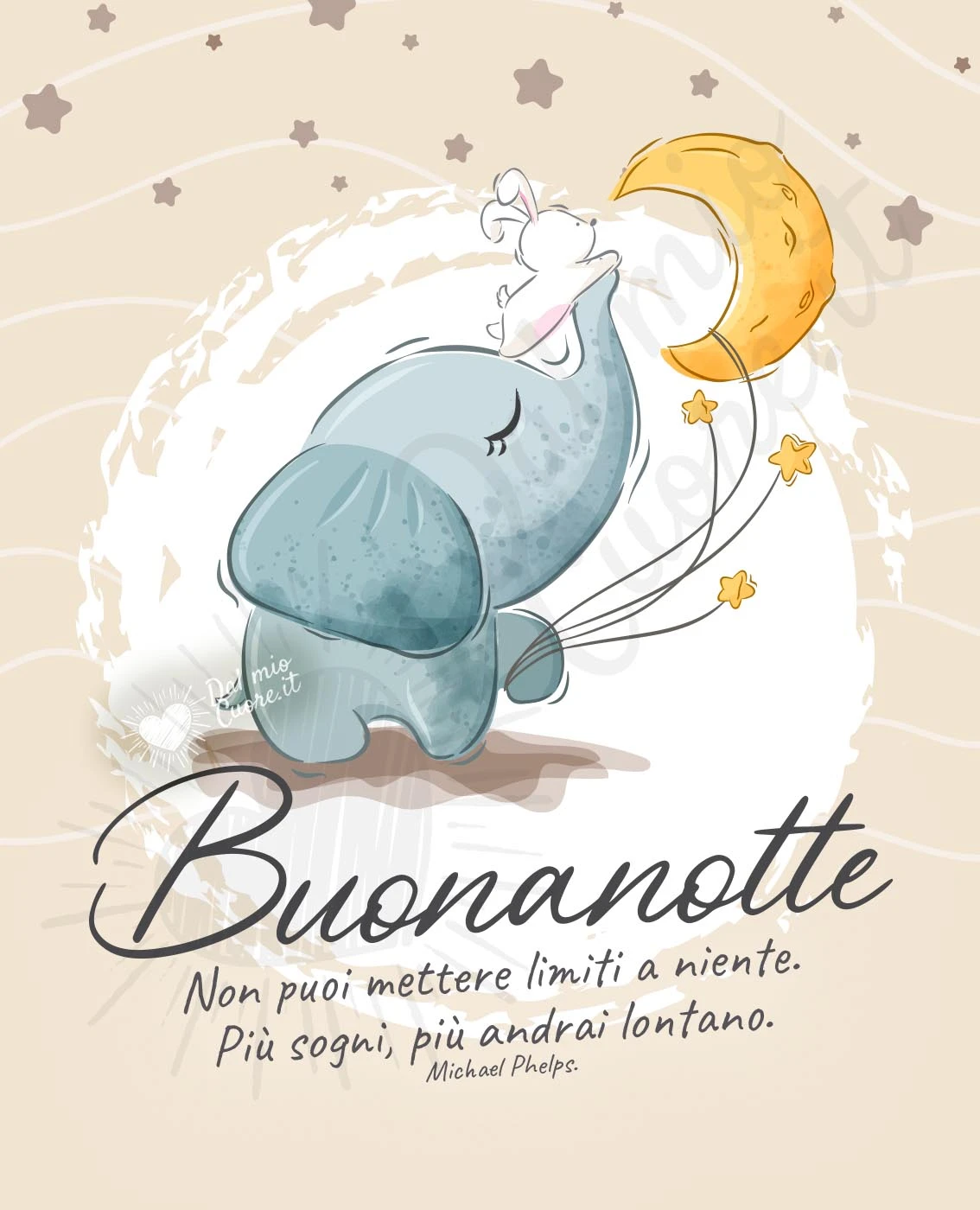 Buonanotte. Frase: "Non puoi mettere limiti a niente. Più sogni, più andrai lontano"