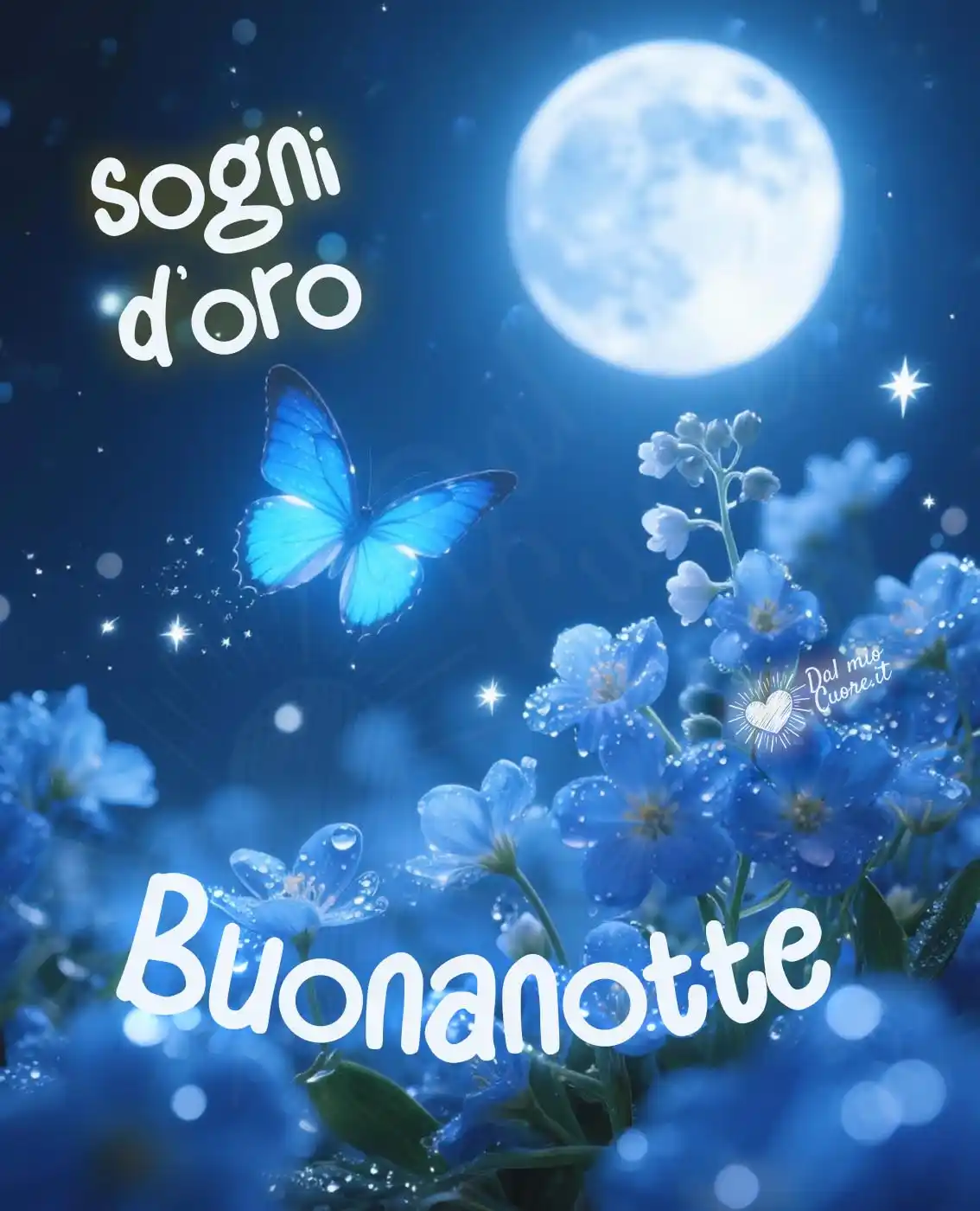 Immagine buonanotte con farfalla azzurra tra delicati fiori blu