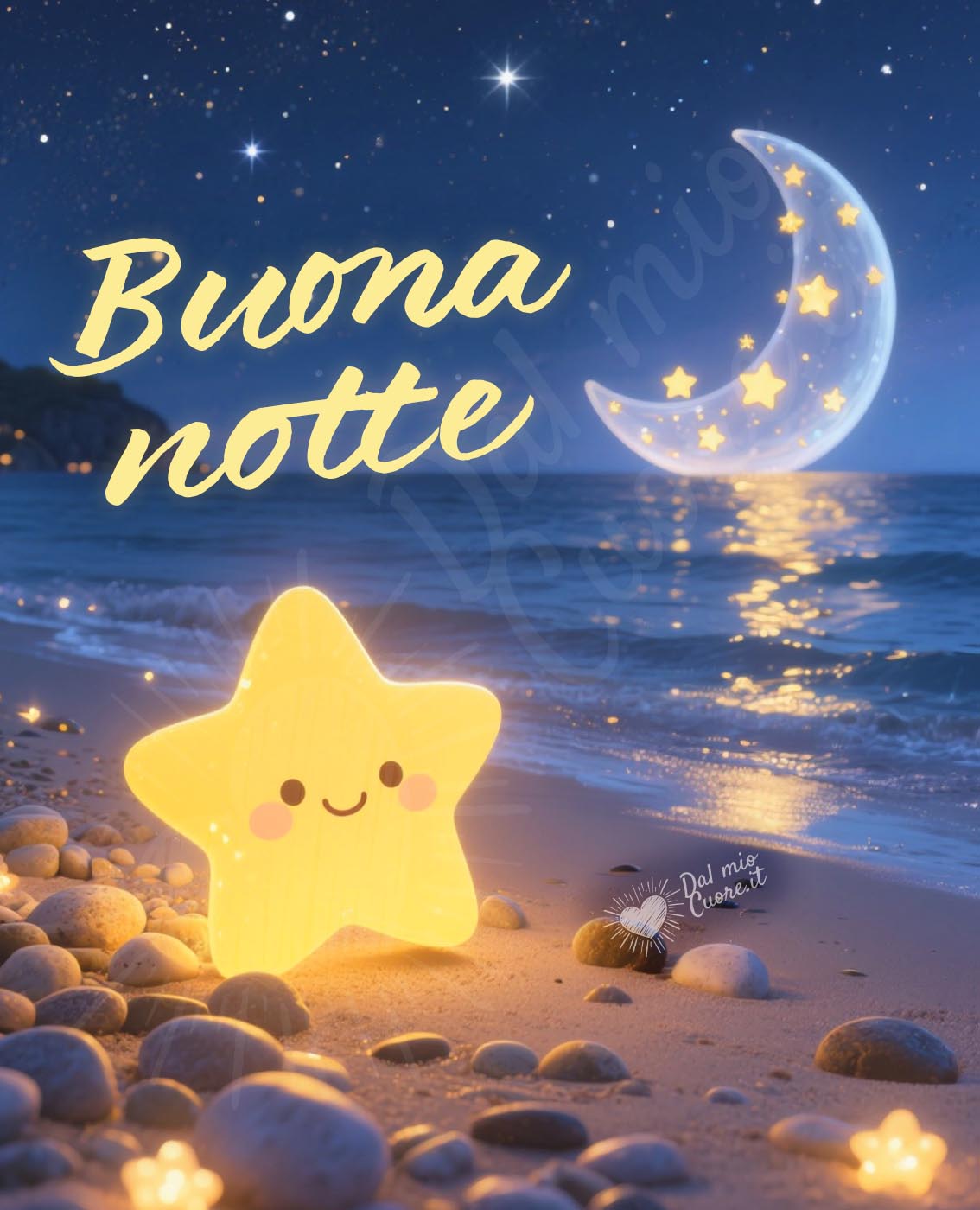 Immagine buonanotte con stella kawaii e luna