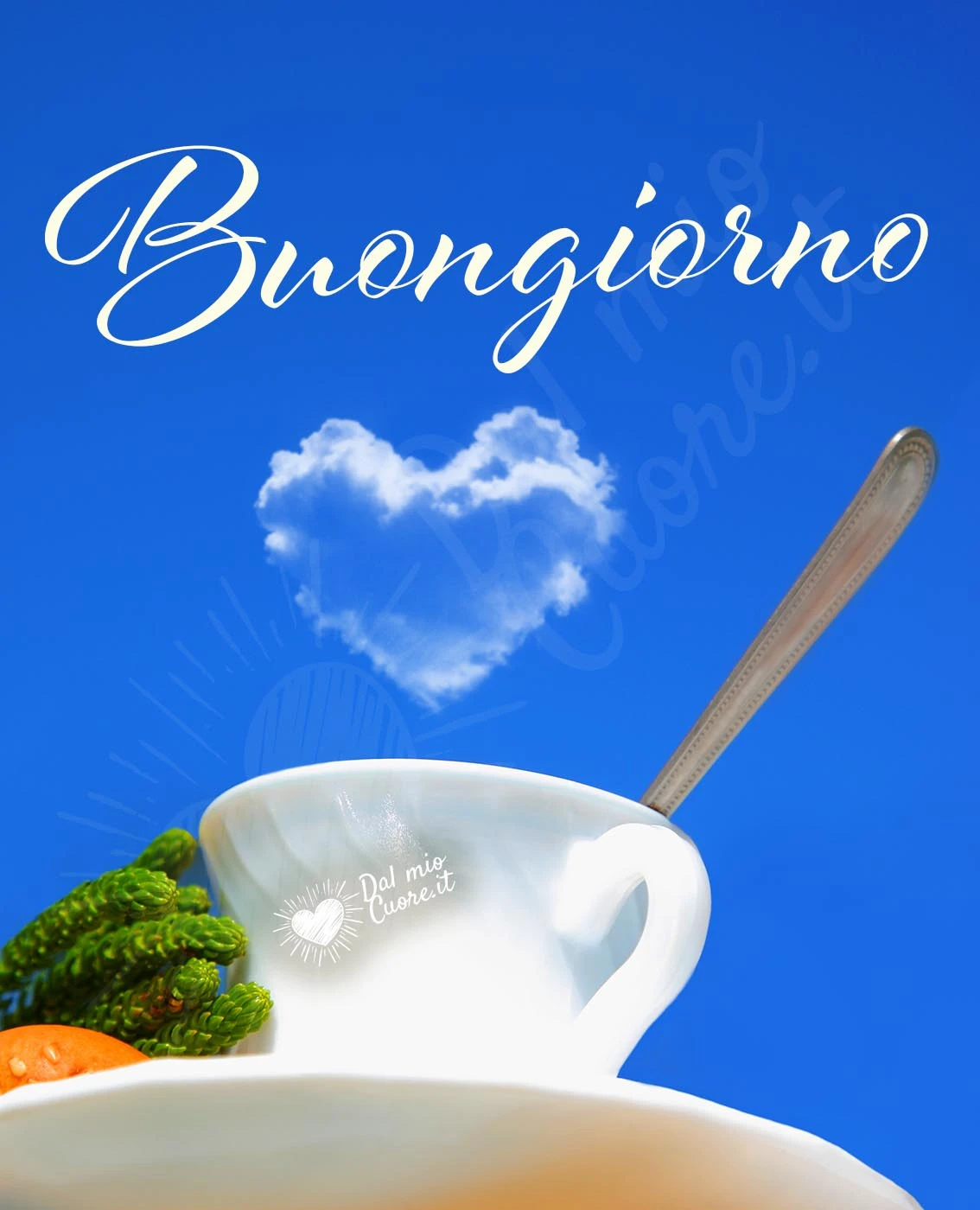 Imm buongiorno con tazzina di caffe e nuvola a forma di cuore