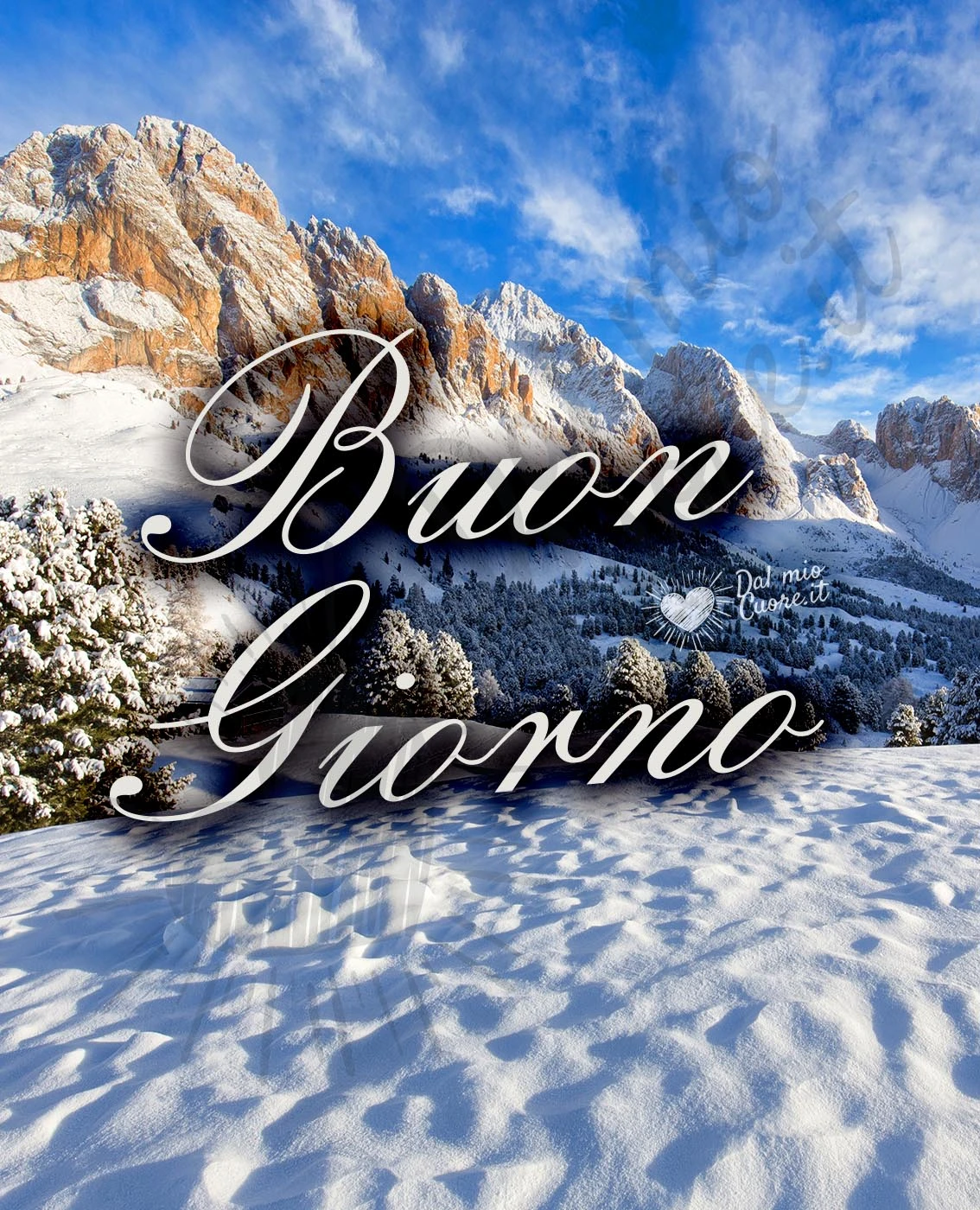 Buon giorno con paesaggio invernale e neve