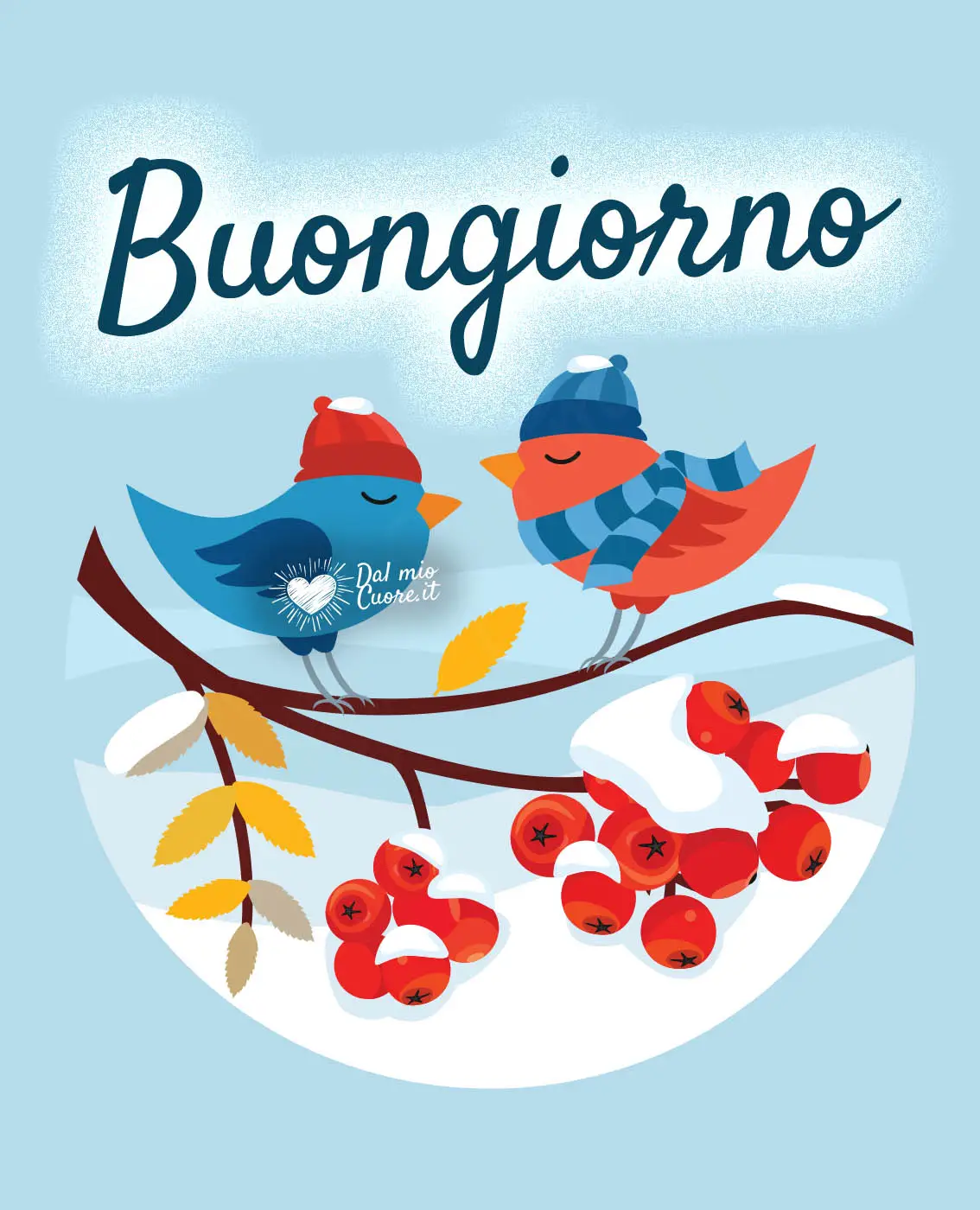 Buongiorno invernale con uccellini sotto la neve Buongiorno invernale con uccellini sotto la neve