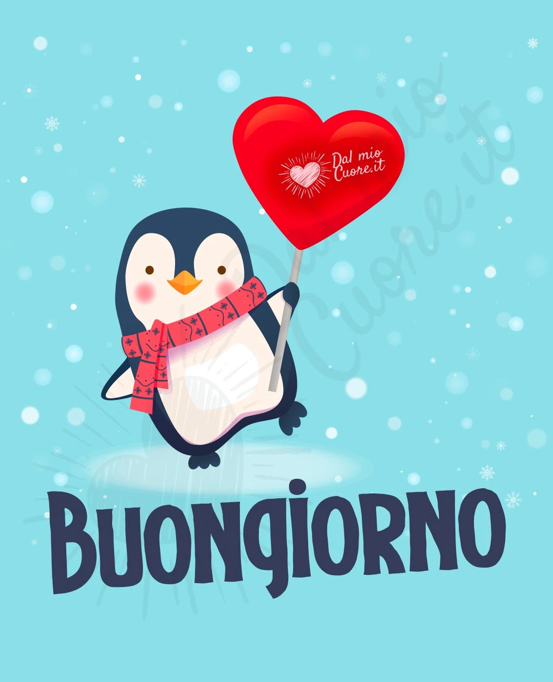 Buongiorno con pinguino e cuore
