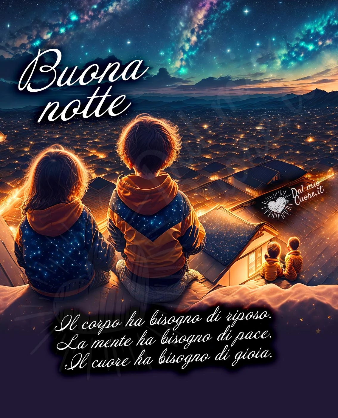 Buona notte, frase: Il corpo ha bisogno di riposo. La mente ha bisogno di pace. Il cuore ha bisogno di gioia.