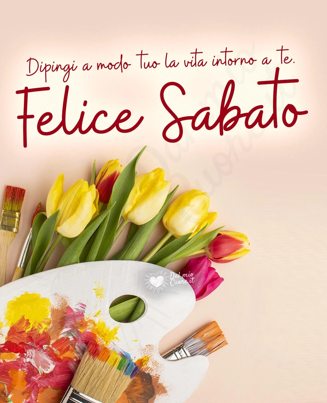 Felice sabato con frase, fiori e colori