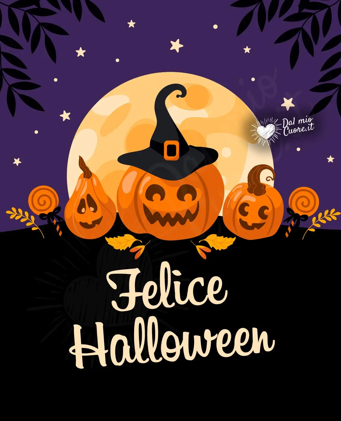 Felice Halloween. Immagine con zucche e luna piena Felice Halloween. Immagine con zucche e luna piena