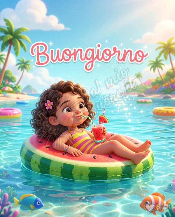 Una ragazzina si gode un succo d'anguria su un materassino, immersa nel mare. Un dolce pensiero per augurare un risveglio speciale ad amici e parenti.