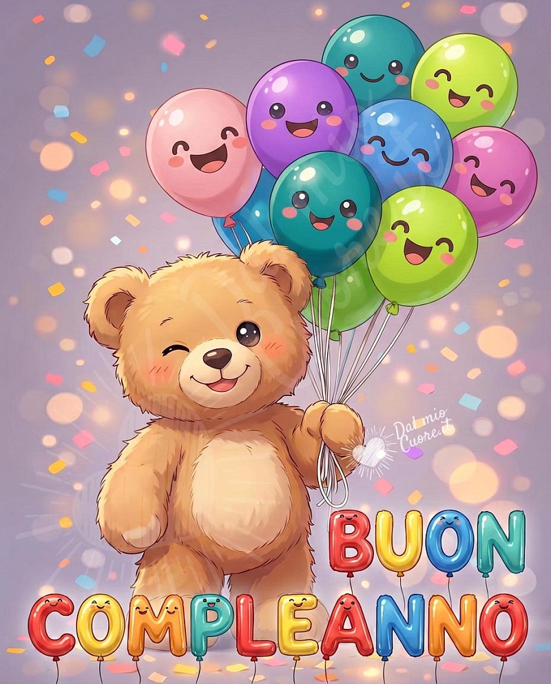 Auguri di buon compleanno: orsetto festoso e palloncini