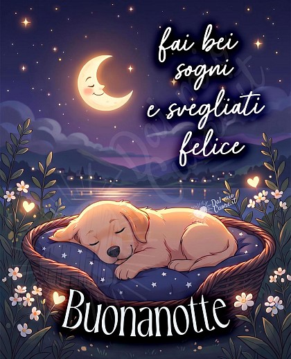 Fai bei sogni e svegliati felice...  Buonanotte con cucciolo e luna sorridente