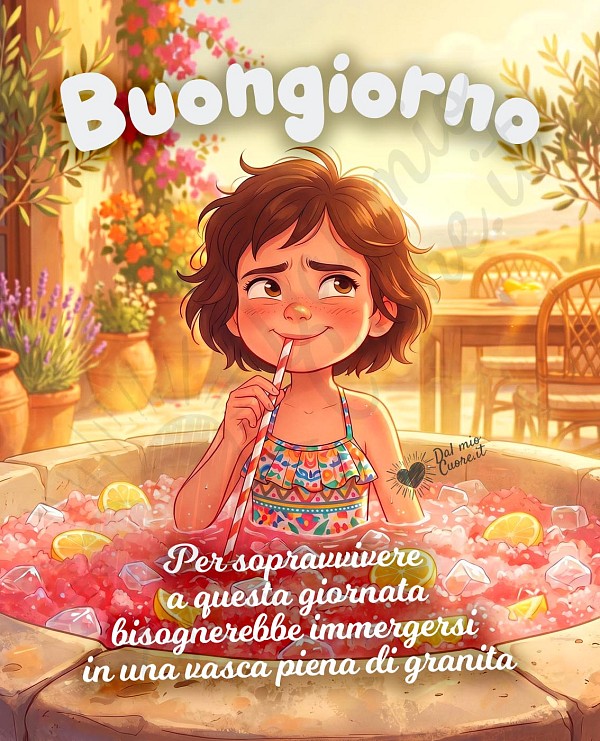 Immagine ironica di una ragazza che sconfigge il caldo estivo immergendosi in una vasca di granita ghiacciata.
