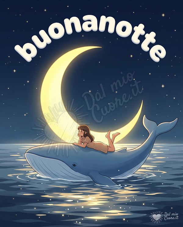 Una ragazza è distesa su una balena gigante che galleggia in un mare stellato sotto una luna crescente. Un saluto affettuoso pronto da inviare a chi vuoi bene.