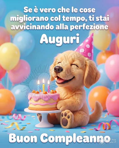 Auguri di buon compleanno divertenti con frase, cane e torta