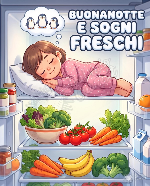 Illustrazione digitale raffigurante un bambina con pigiama che dorme sorridendo placidamente sul ripiano superiore di un frigorifero aperto e illuminato. La sua testa è appoggiata su un cuscino bianco. Una nuvoletta di pensiero sopra la sua testa mostra tre piccoli pinguini. I ripiani del frigorifero sono pieni di verdure fresche come broccoli, lattuga, pomodori, carote e banane. Sullo sportello ci sono vasetti e un'arancia. Il testo grafico in alto recita 'BUONANOTTE E SOGNI FRESCHI'