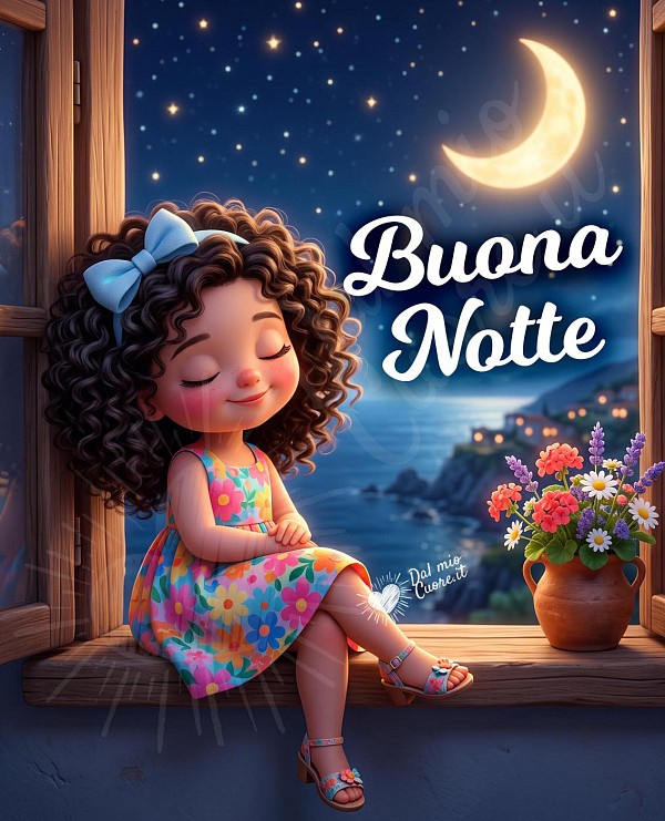 Buonanotte estiva affettuosa con bambina e luna