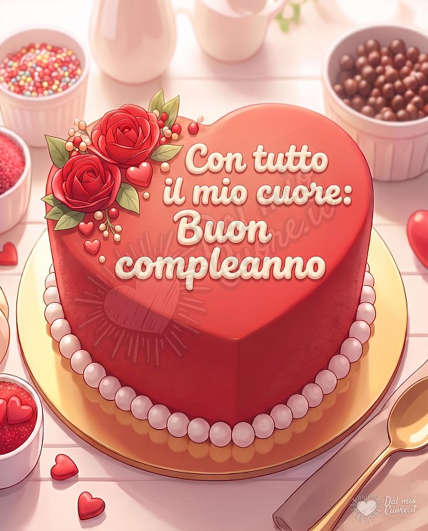 Primo piano dettagliato di una splendida torta a forma di cuore, di un intenso color rosso vellutato. La superficie della torta è decorata 'Con tutto il mio cuore: Buon compleanno'