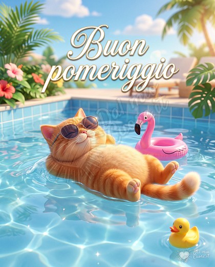 Un gatto di colore arancione è sdraiato sulla schiena e galleggia in una piscina di acqua azzurra e trasparente. Il gatto indossa occhialini da sole. La sua espressione è serena e rilassata, con il muso rivolto verso l'alto. Nell'angolo superiore destro, un salvagente gonfiabile a forma di flamingo galleggia sulla superficie dell'acqua. Nell'angolo inferiore destro, una piccola paperella di gomma gialla galleggia accanto al gatto. Le pareti della piscina, rivestite di piastrelle azzurre, sono visibili sui lati. Al centro dell'immagine, sopra il gatto, è sovrapposto il testo "Buon pomeriggio" in un carattere bianco elegante e moderno.