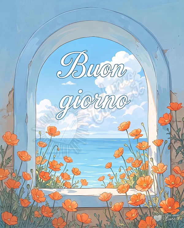 Un'illustrazione digitale che mostra una vista incorniciata da un arco murario in tonalità di azzurro cielo. L'arco si apre su un paesaggio marino: un vasto tratto di mare blu intenso si estende sotto un cielo azzurro chiaro punteggiato da nuvole bianche e soffici. Il primo piano è dominato da un'esplosione di fiori arancioni vivaci, simili a papaveri, che crescono rigogliosi dal davanzale e dalla base dell'arco, con petali aperti e steli sottili di colore verde scuro. Il testo 'Buon giorno' è scritto in alto al centro con un elegante carattere corsivo bianco bordato di azzurro chiaro.