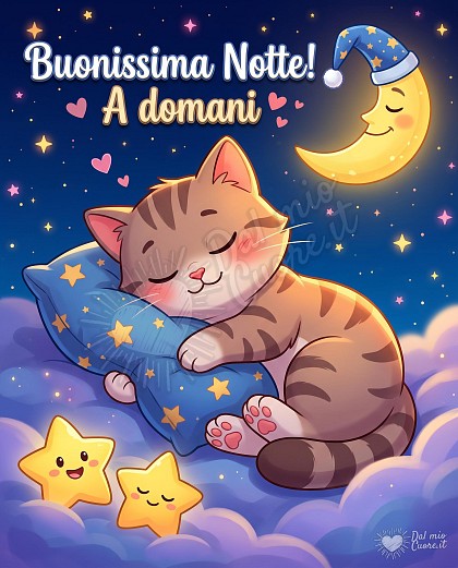 Un'immagine notturna che raffigura un gatto accoccolato, con gli occhi chiusi e guance rosee, e abbraccia un cuscino blu scuro ornato da numerose stelle gialle. Il gatto è adagiato su un letto di nuvole soffici di colore viola e blu. Sopra il gatto, in alto a destra, una luna crescente gialla con un volto sorridente e occhi chiusi indossa un cappello da notte blu a punta decorato con stelle bianche e un ponpon bianco. Il cielo sullo sfondo è di un blu intenso, costellato da innumerevoli stelle scintillanti. In basso, due stelle gialle con faccine sorridenti e occhietti neri o chiusi poggiano sulle nuvole. Il testo 'Buonissima Notte! A domani' è scritto in grande nella parte superiore dell'immagine. Accanto al testo, ci sono piccoli cuori rosa.